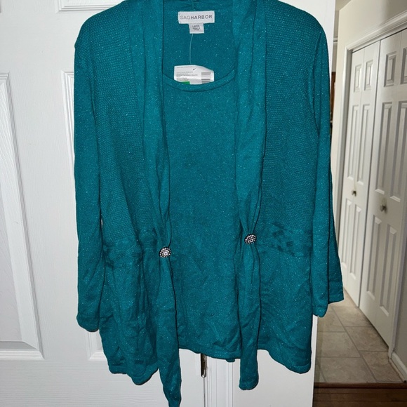 Sag Harbor Sweaters - Sag Harbor Women's Size L Teal Sequin Knit Open Cardigan with Camisole NWT